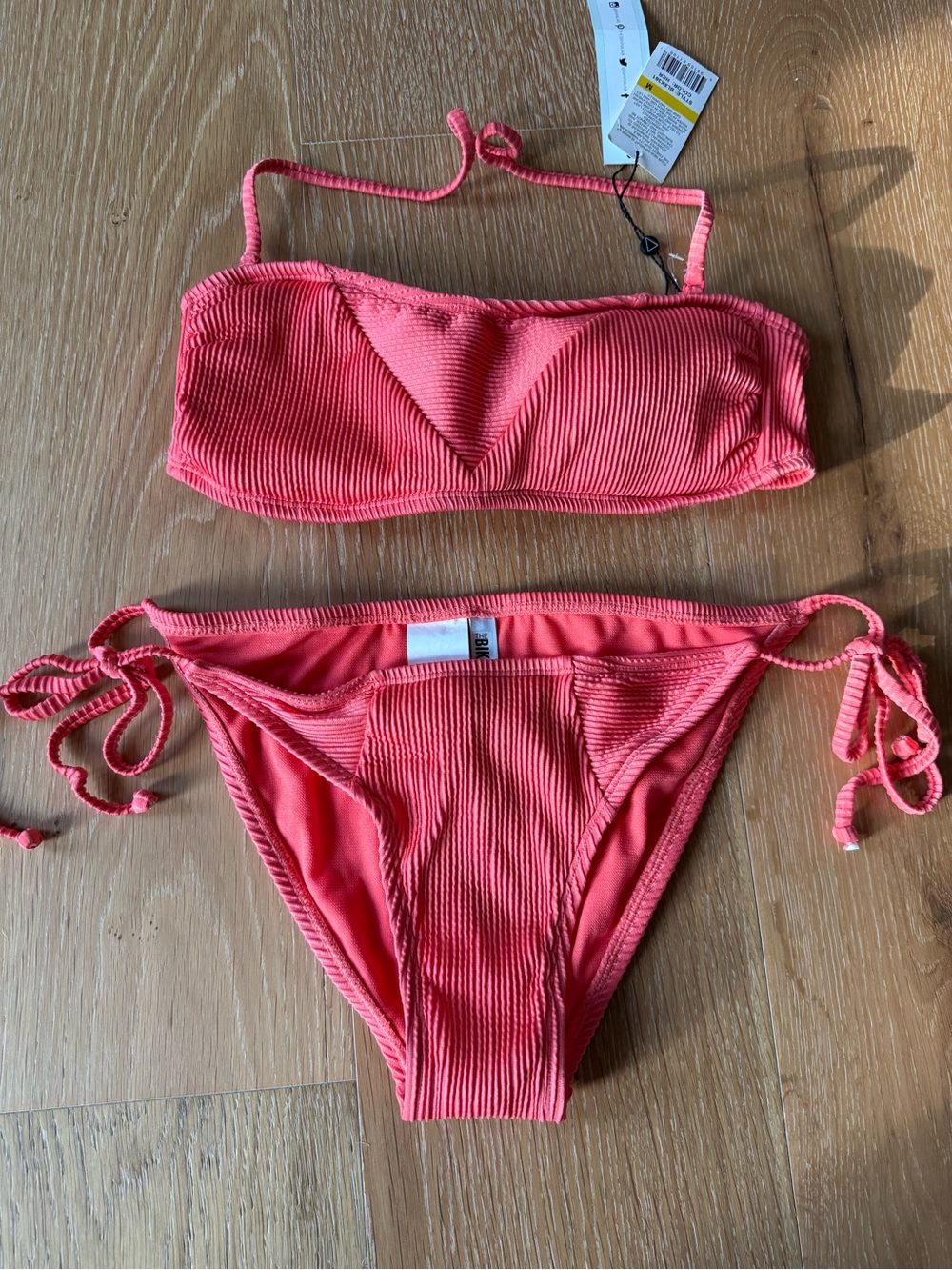 The Bikini Lab Coral Ribbed Tie-Side Bikini Bottoms and halter bikini top